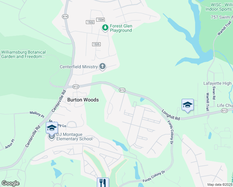 map of restaurants, bars, coffee shops, grocery stores, and more near 5501 Burlington Lane in Williamsburg