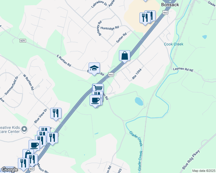 map of restaurants, bars, coffee shops, grocery stores, and more near 4183 Challenger Avenue Northeast in Roanoke