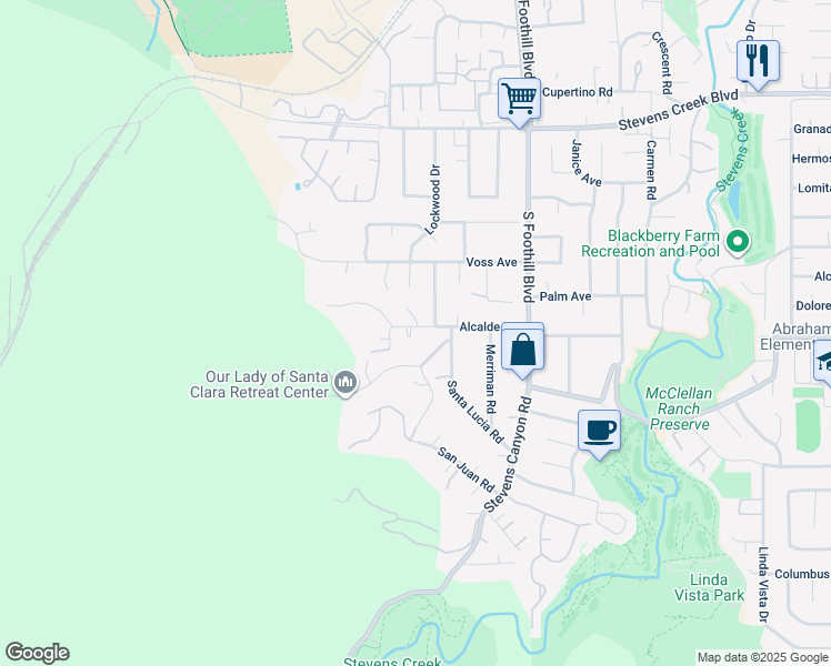 map of restaurants, bars, coffee shops, grocery stores, and more near 22740 Alcalde Road in Cupertino