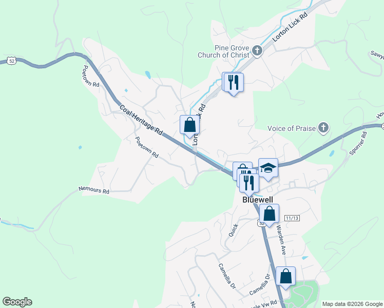 map of restaurants, bars, coffee shops, grocery stores, and more near 4489 Coal Heritage Rd in Bluefield