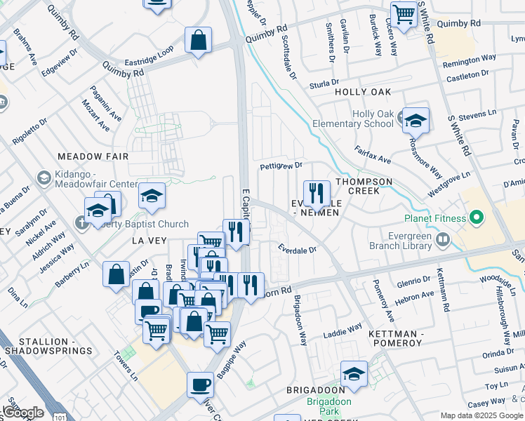 map of restaurants, bars, coffee shops, grocery stores, and more near 2909 Nieman Boulevard in San Jose