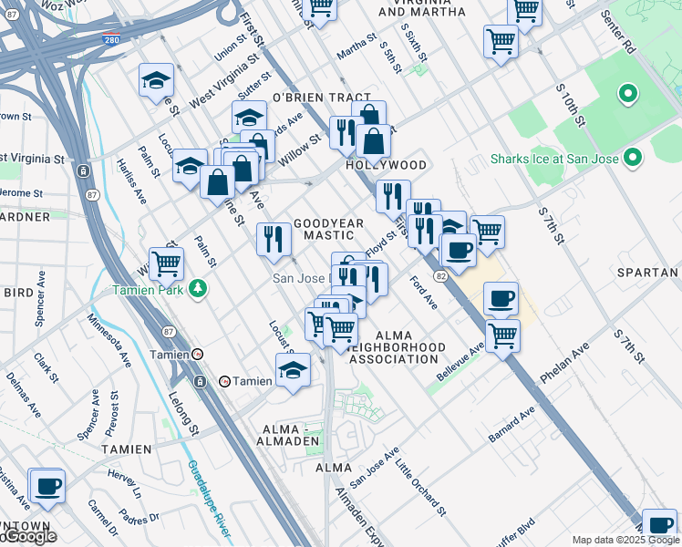 map of restaurants, bars, coffee shops, grocery stores, and more near 1298 Plum Street in San Jose