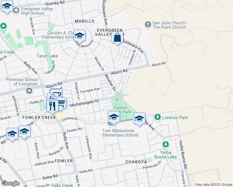 map of restaurants, bars, coffee shops, grocery stores, and more near Mosher Drive & Strada Circolare in San Jose