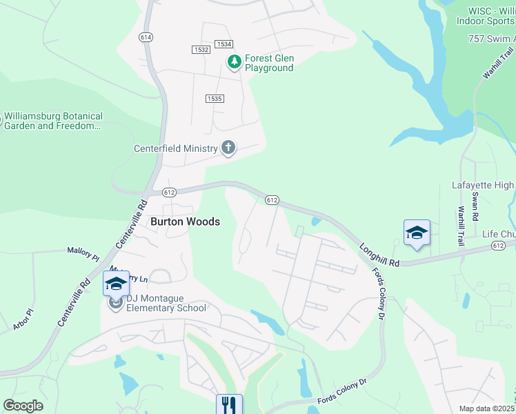 map of restaurants, bars, coffee shops, grocery stores, and more near 5501 Burlington Lane in Williamsburg