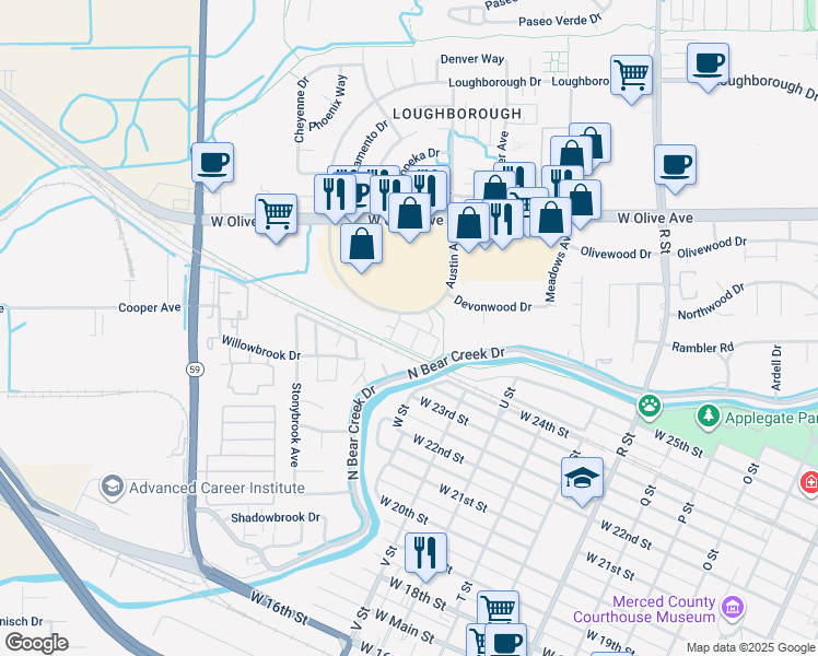 map of restaurants, bars, coffee shops, grocery stores, and more near 1482 Autry Way in Merced
