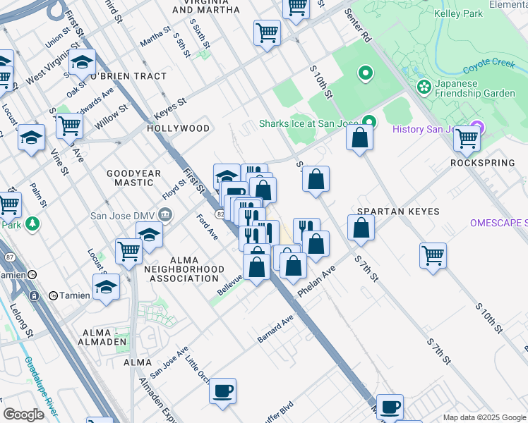 map of restaurants, bars, coffee shops, grocery stores, and more near 1582 Monterey Highway in San Jose