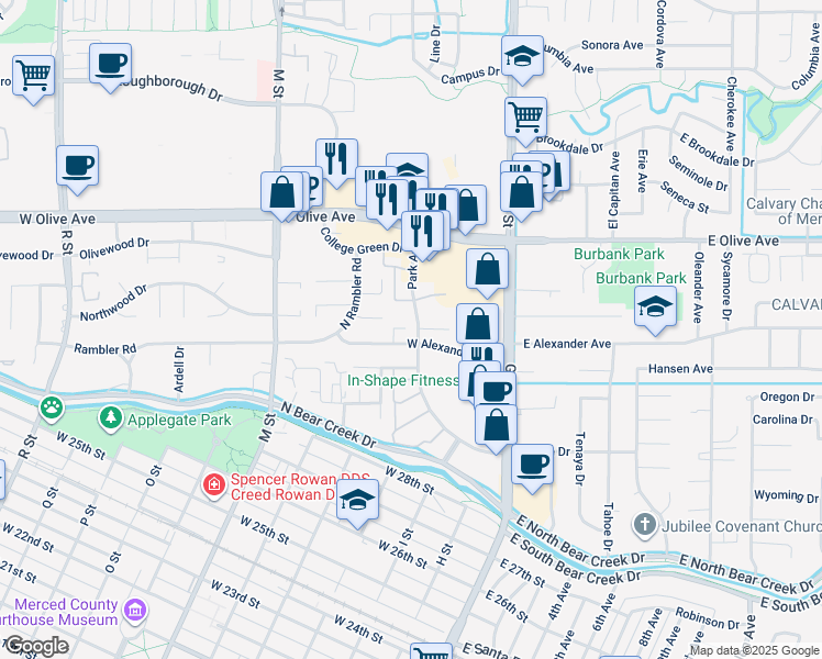map of restaurants, bars, coffee shops, grocery stores, and more near 167 West Alexander Avenue in Merced