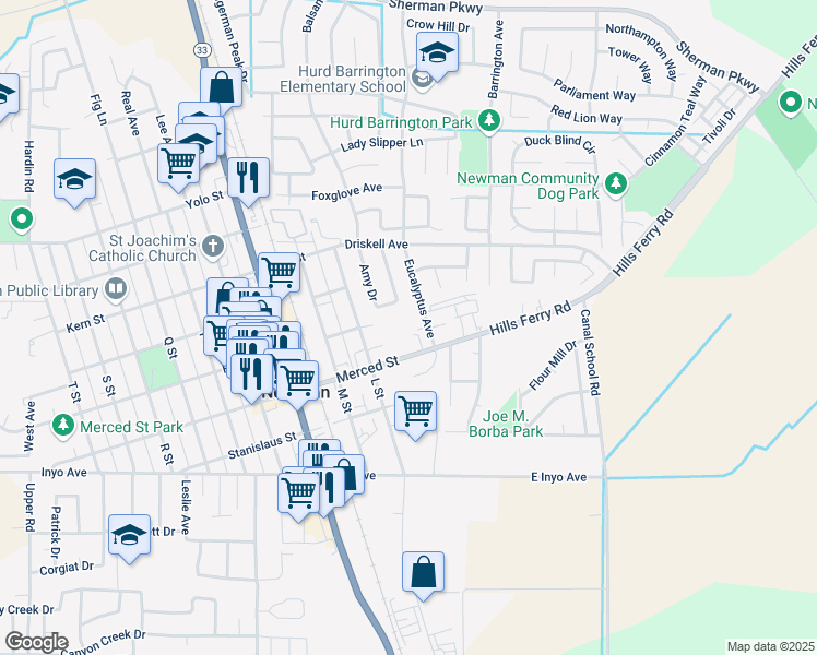 map of restaurants, bars, coffee shops, grocery stores, and more near 1425 Eucalyptus Avenue in Newman
