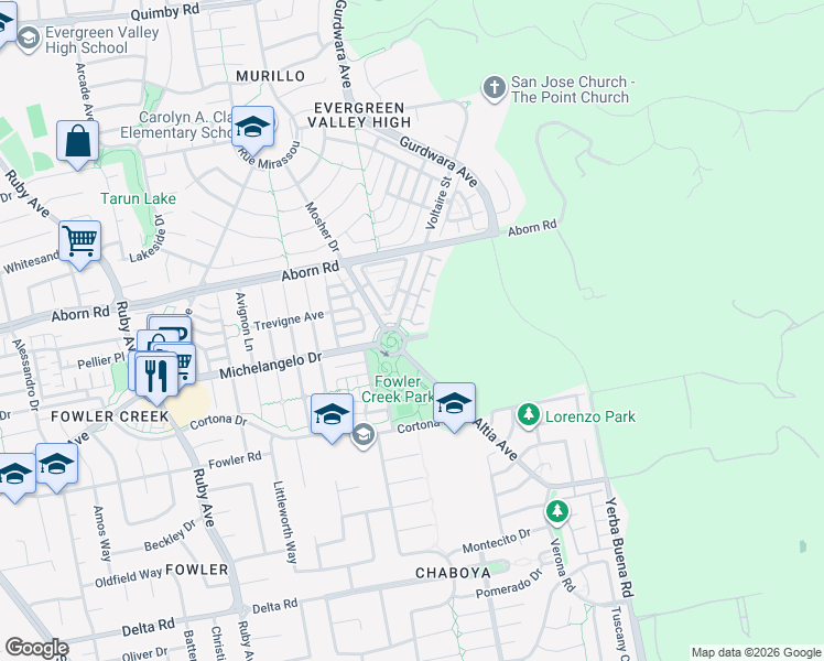 map of restaurants, bars, coffee shops, grocery stores, and more near 3519 Strada Circolare in San Jose