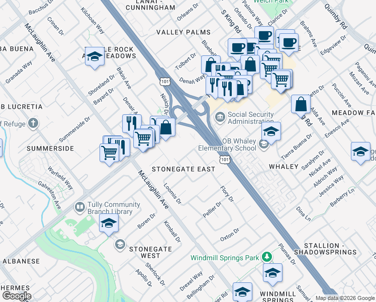 map of restaurants, bars, coffee shops, grocery stores, and more near 2474 Roslyn Court in San Jose
