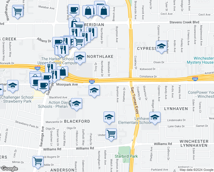 map of restaurants, bars, coffee shops, grocery stores, and more near 3796 Bertini Court in San Jose