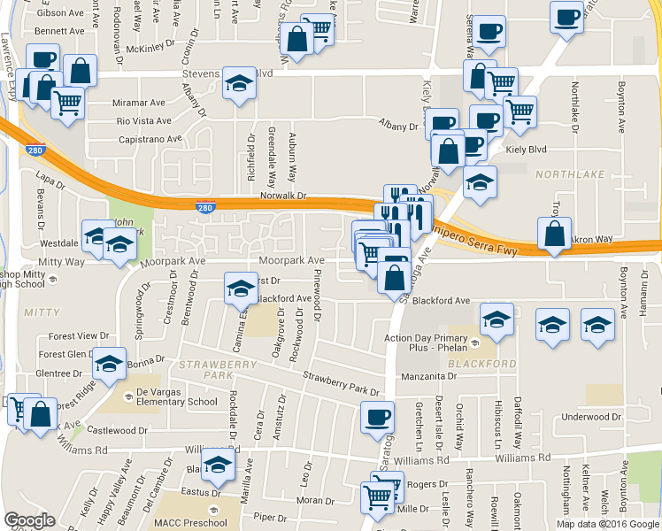 map of restaurants, bars, coffee shops, grocery stores, and more near 607 Bolton Court in San Jose