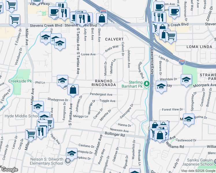 map of restaurants, bars, coffee shops, grocery stores, and more near 18900 Barnhart Avenue in Cupertino