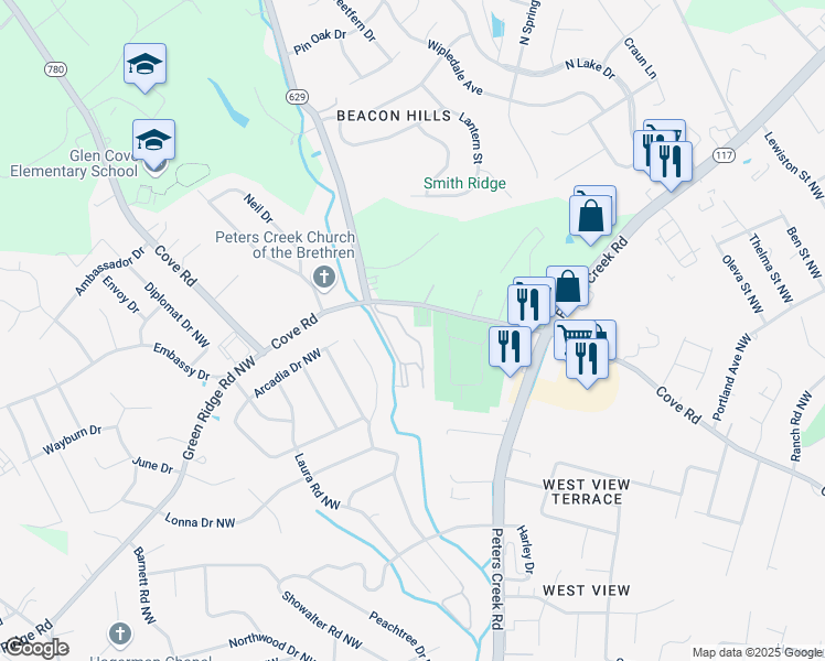 map of restaurants, bars, coffee shops, grocery stores, and more near 5227 King Arthur Court Northwest in Roanoke