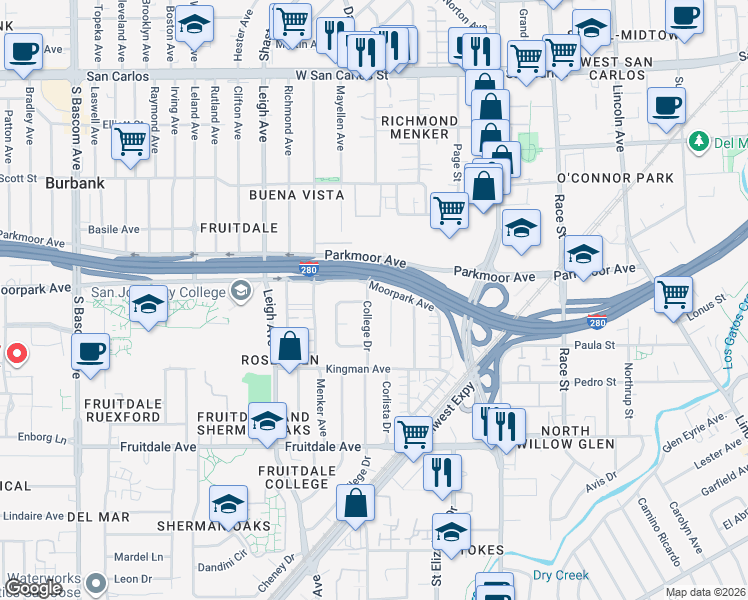 map of restaurants, bars, coffee shops, grocery stores, and more near 655 Chatsworth Place in San Jose