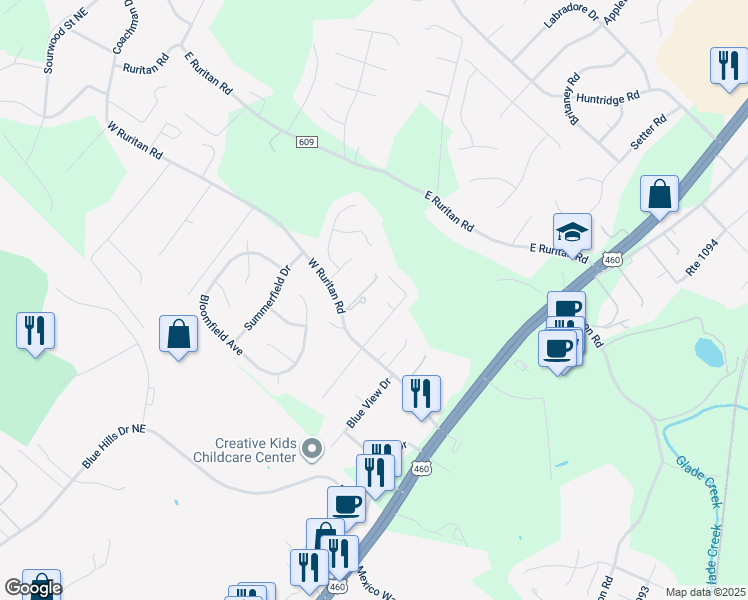 map of restaurants, bars, coffee shops, grocery stores, and more near 1615 Sterling Place Circle in Roanoke