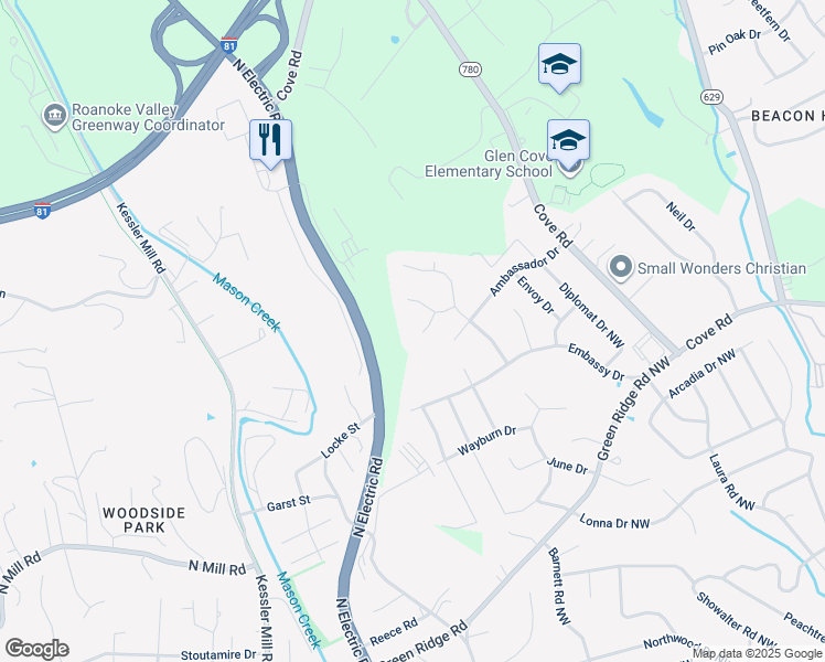 map of restaurants, bars, coffee shops, grocery stores, and more near 5715 Deputy Drive in Roanoke