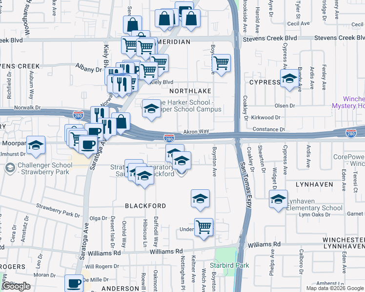 map of restaurants, bars, coffee shops, grocery stores, and more near 3856 Moorpark Avenue in San Jose