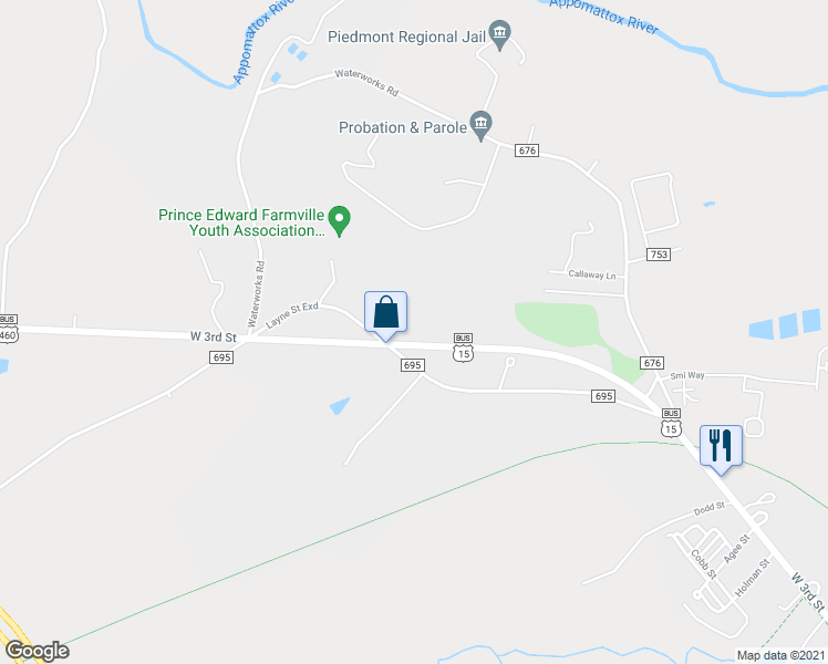 map of restaurants, bars, coffee shops, grocery stores, and more near 2650 West 3rd Street in Farmville