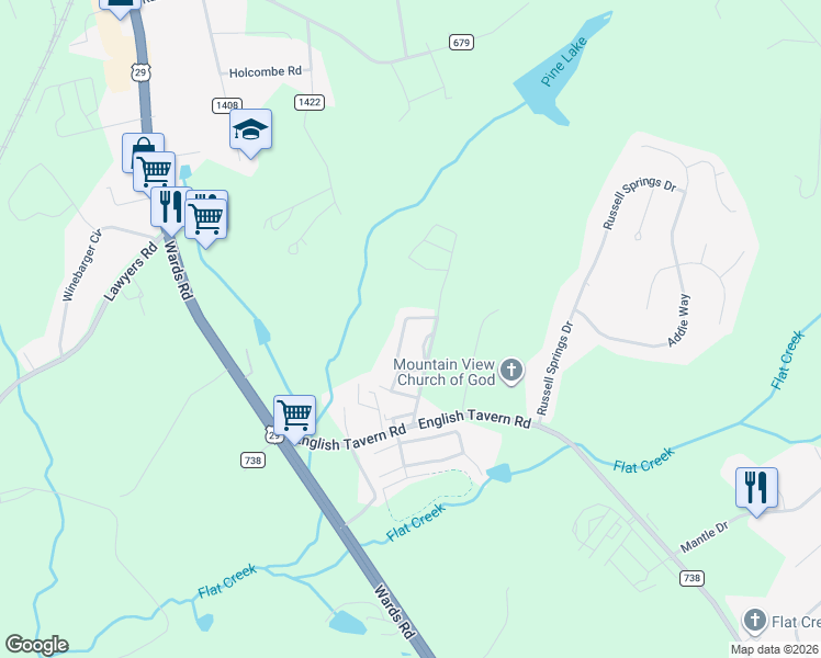 map of restaurants, bars, coffee shops, grocery stores, and more near 119 Old Tavern Circle in Lynchburg