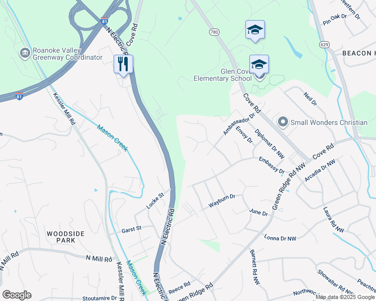 map of restaurants, bars, coffee shops, grocery stores, and more near 5715 Deputy Drive in Roanoke