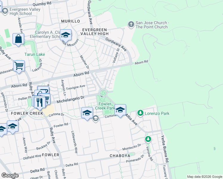 map of restaurants, bars, coffee shops, grocery stores, and more near 3537 Michelangelo Drive in San Jose