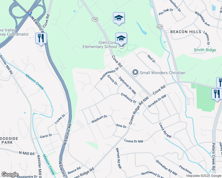 map of restaurants, bars, coffee shops, grocery stores, and more near 2823 Embassy Circle in Roanoke