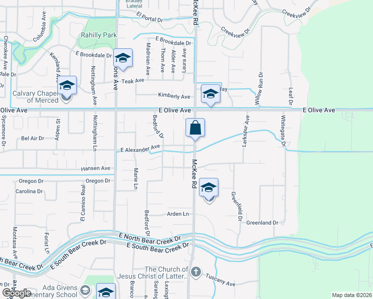 map of restaurants, bars, coffee shops, grocery stores, and more near 2995 Sequoia Drive in Merced