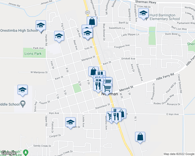 map of restaurants, bars, coffee shops, grocery stores, and more near 1313 Main Street in Newman