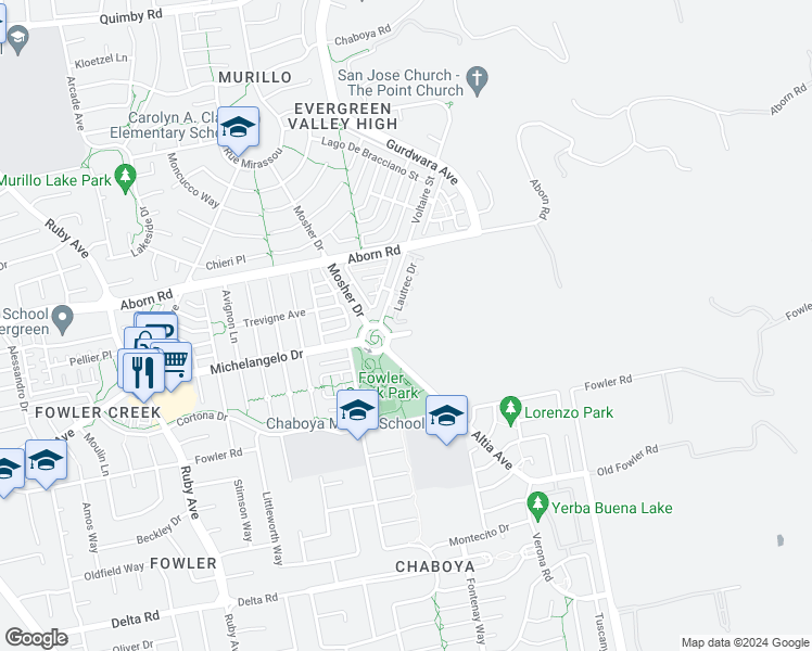 map of restaurants, bars, coffee shops, grocery stores, and more near 3537 Michelangelo Drive in San Jose
