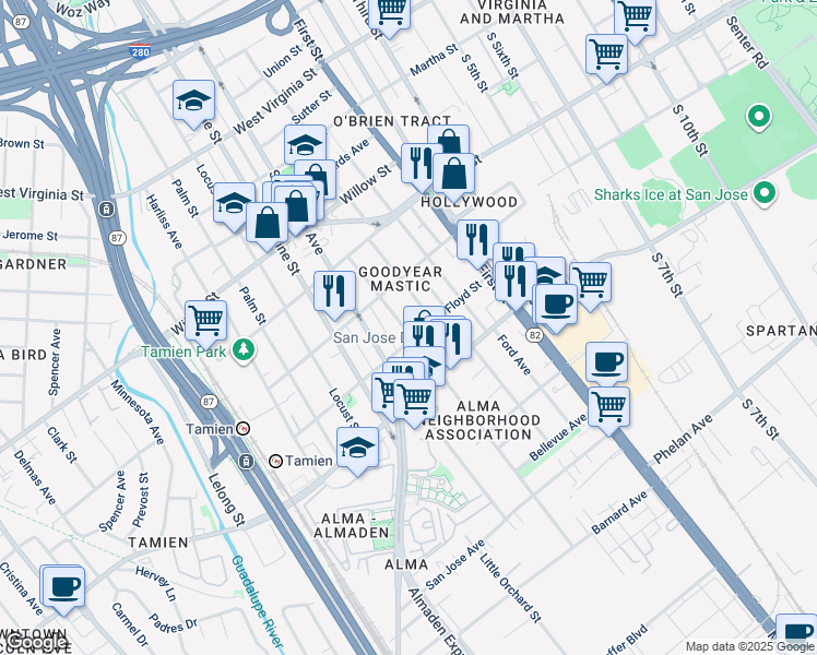 map of restaurants, bars, coffee shops, grocery stores, and more near 1298 Plum Street in San Jose