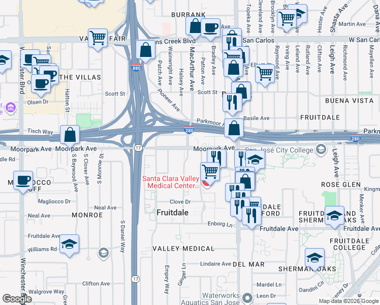 map of restaurants, bars, coffee shops, grocery stores, and more near 2 Ginger Lane in San Jose