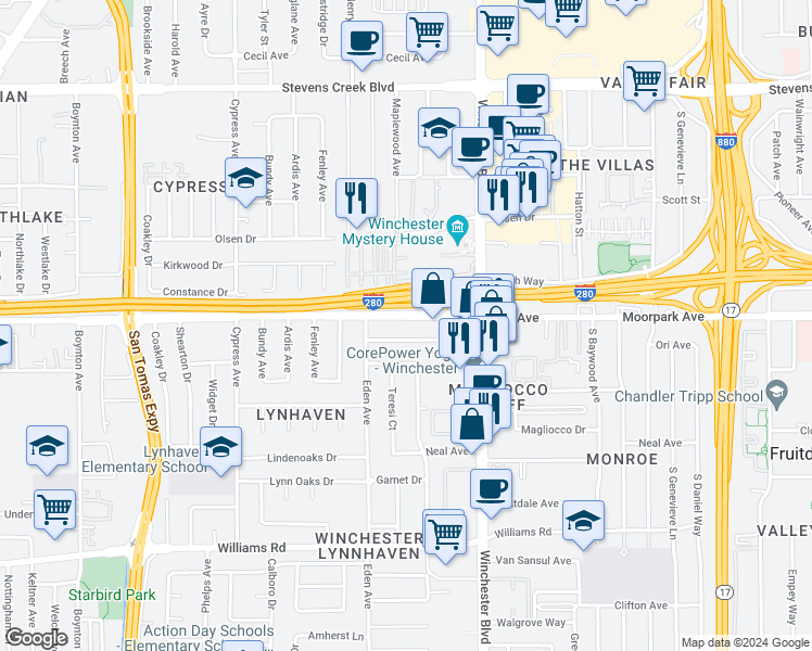map of restaurants, bars, coffee shops, grocery stores, and more near 3201 Riddle Road in San Jose