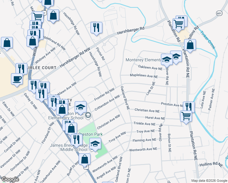 map of restaurants, bars, coffee shops, grocery stores, and more near 4201-4299 Hazelridge Road Northwest in Roanoke