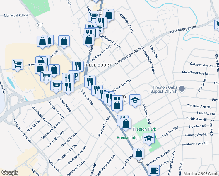 map of restaurants, bars, coffee shops, grocery stores, and more near 3113 Birchlawn Avenue Northwest in Roanoke