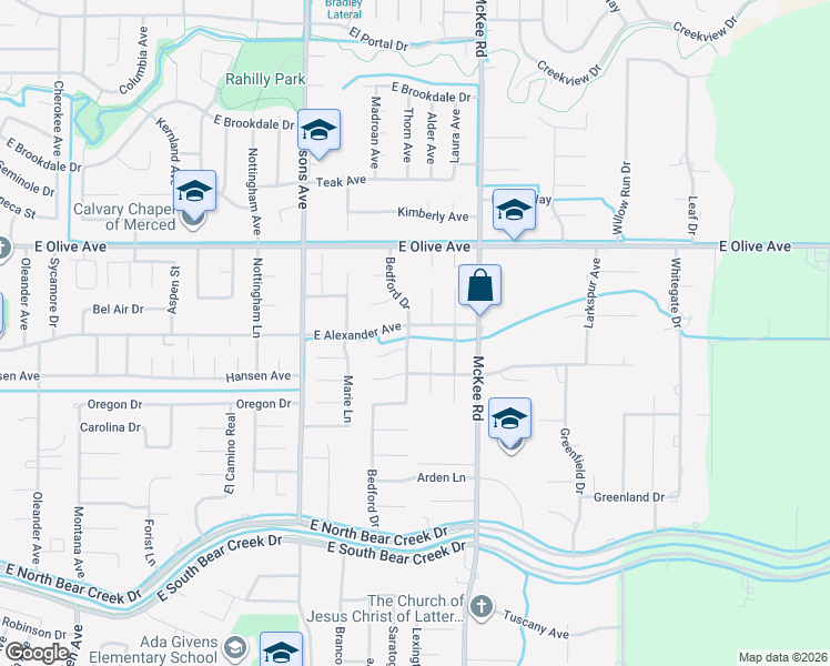 map of restaurants, bars, coffee shops, grocery stores, and more near 2988 Bedford Drive in Merced