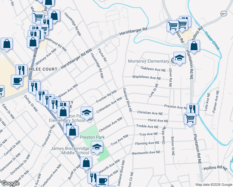 map of restaurants, bars, coffee shops, grocery stores, and more near 4201-4299 Hazelridge Road Northwest in Roanoke