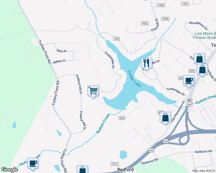 map of restaurants, bars, coffee shops, grocery stores, and more near 2031 Timberlake Drive in Lynchburg