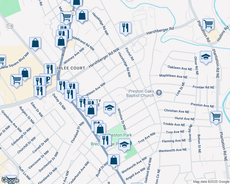 map of restaurants, bars, coffee shops, grocery stores, and more near 3319 Maplelawn Avenue Northwest in Roanoke