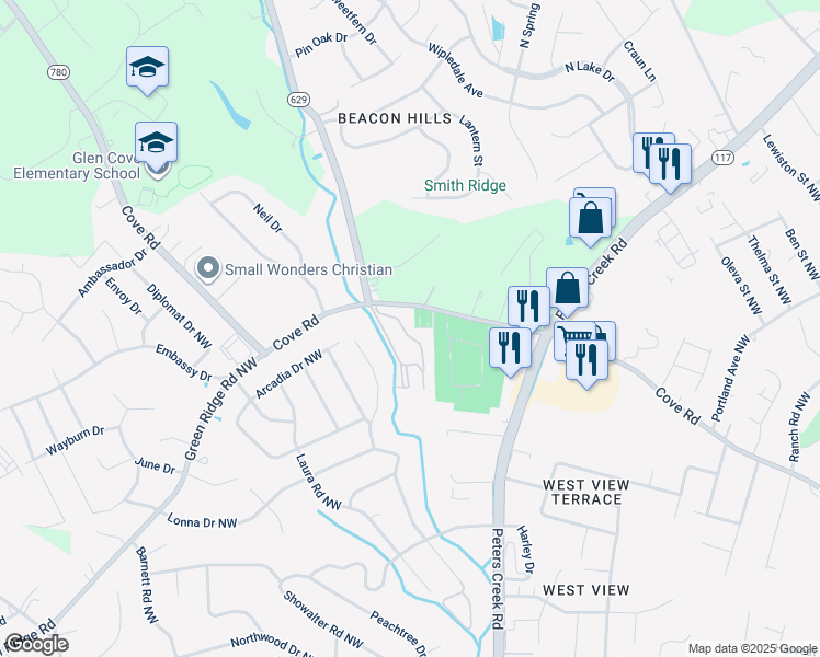 map of restaurants, bars, coffee shops, grocery stores, and more near 5225 King Arthur Court Northwest in Roanoke