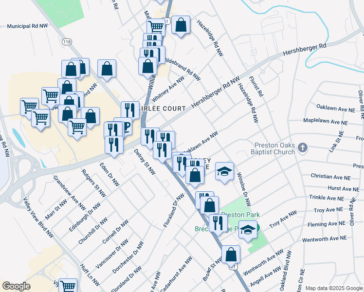 map of restaurants, bars, coffee shops, grocery stores, and more near 3113 Birchlawn Avenue Northwest in Roanoke