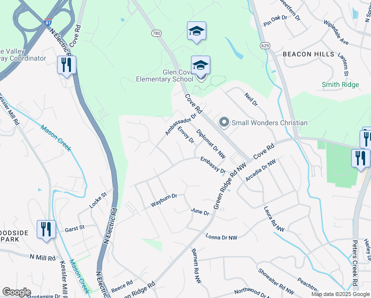 map of restaurants, bars, coffee shops, grocery stores, and more near 2823 Embassy Circle in Roanoke