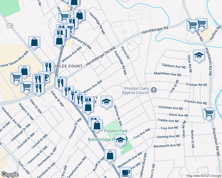map of restaurants, bars, coffee shops, grocery stores, and more near 3319 Maplelawn Avenue Northwest in Roanoke