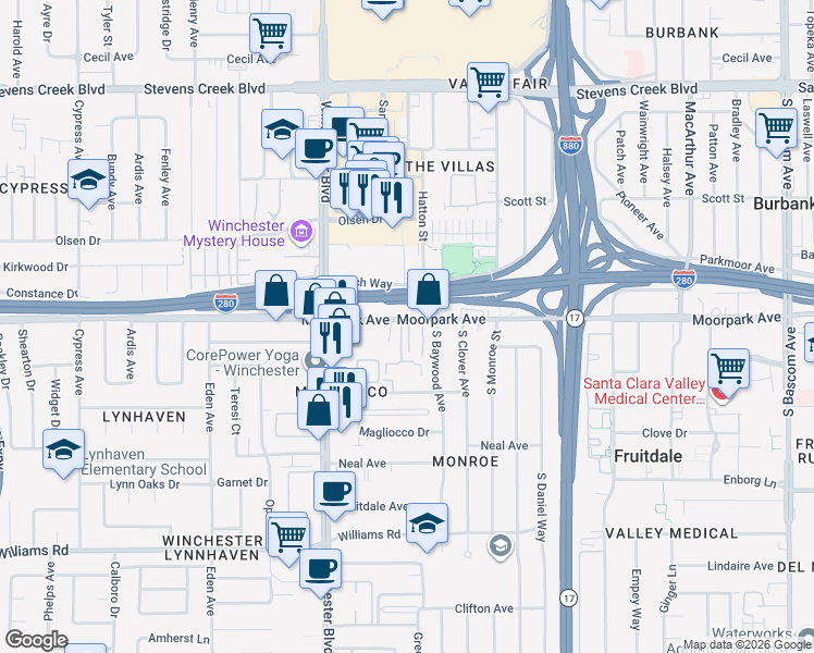 map of restaurants, bars, coffee shops, grocery stores, and more near 2966 Moorpark Avenue in San Jose