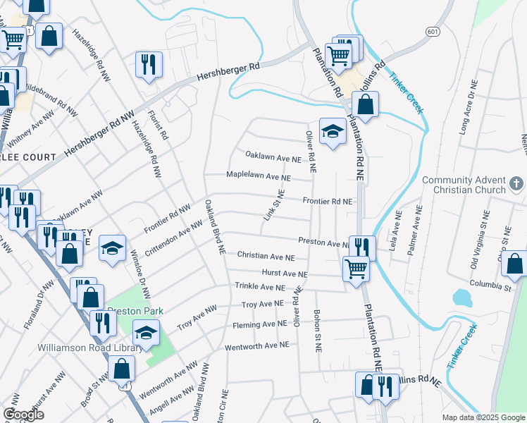 map of restaurants, bars, coffee shops, grocery stores, and more near 164 Crittendon Avenue Northeast in Roanoke