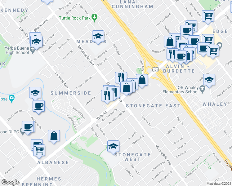 map of restaurants, bars, coffee shops, grocery stores, and more near Mc Laughlin Ave & Balme Dr in San Jose