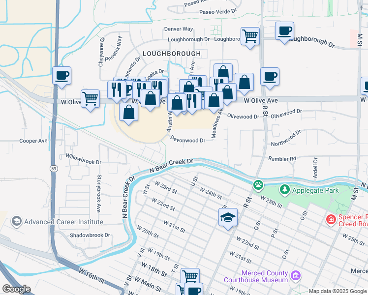 map of restaurants, bars, coffee shops, grocery stores, and more near 2334 Dogwood Court in Merced