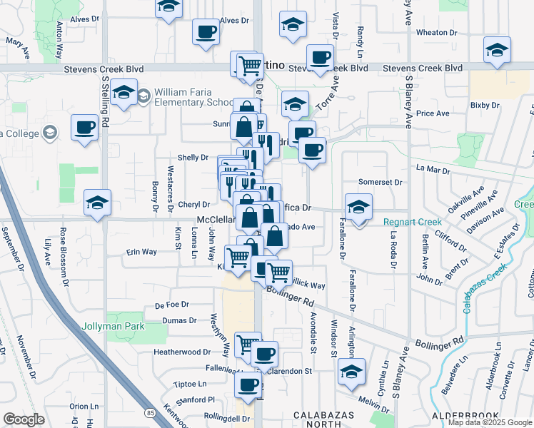 map of restaurants, bars, coffee shops, grocery stores, and more near 10525 South De Anza Boulevard in Cupertino