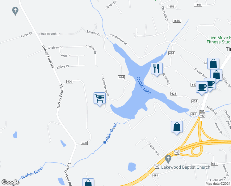 map of restaurants, bars, coffee shops, grocery stores, and more near 2031 Timberlake Drive in Lynchburg