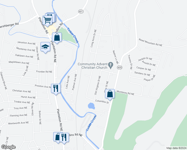 map of restaurants, bars, coffee shops, grocery stores, and more near 4447 Pennsylvania Avenue Northeast in Roanoke